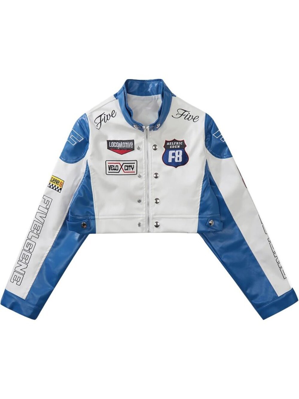 Women's Blue Polyester Blend Crop Biker Racing Trendy Fashion Leather Jacket